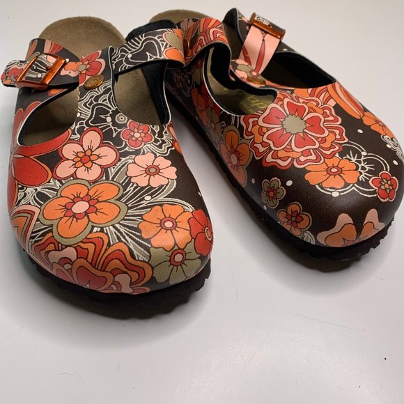 Birkenstock Shoes - BIRKENSTOCK 39 Brown Orange Floral MaryJanes
